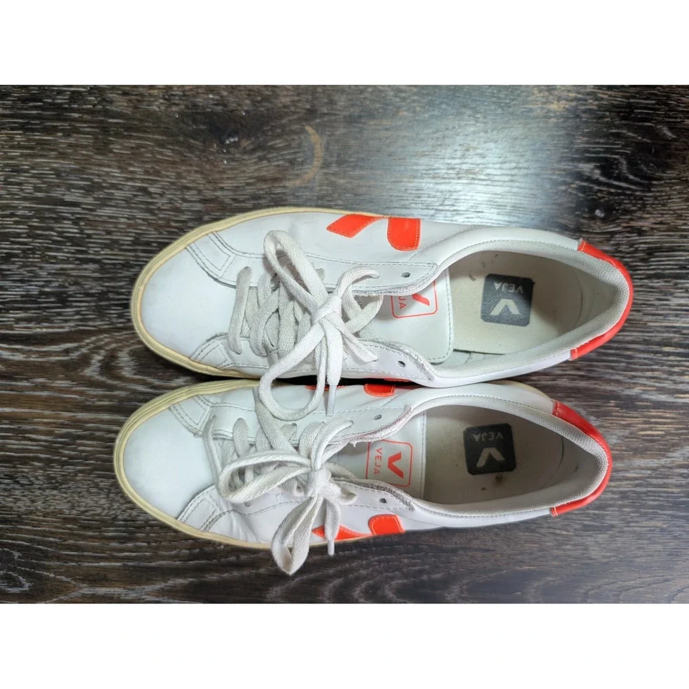 Veja Esplar White Orange Leather Low Top Sneakers Womens Size 7 EU 38